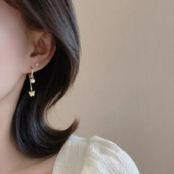 925 Sterling Silver Dangle Butterfly Pearl Huggie Earrings Gold - Picture 5 of 5